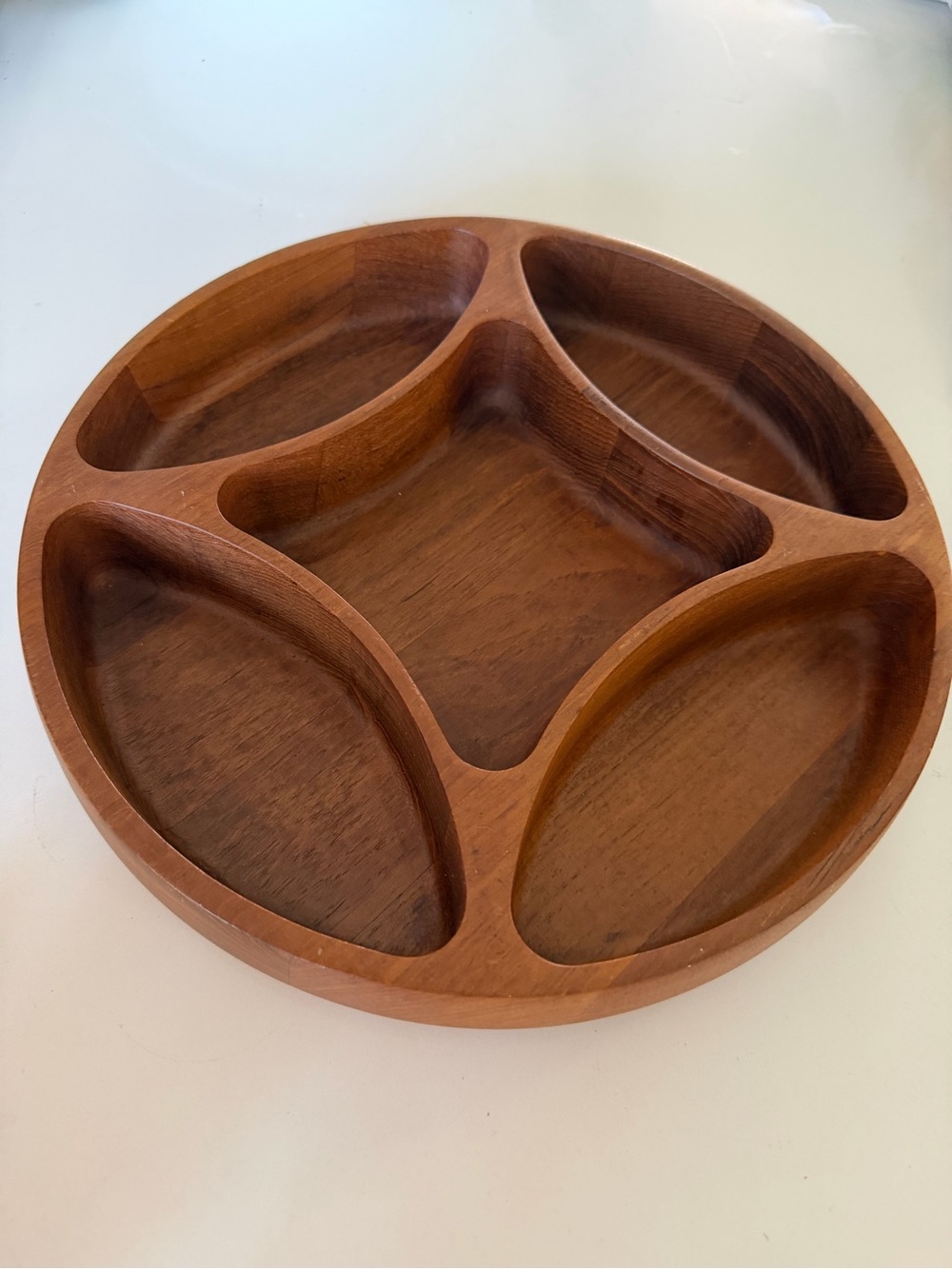 Dansk Round Five-Compartment Teak Serving Tray - Brown 15” diameter